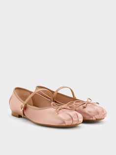 Nude Satin Bow Mary Jane Flats | CHARLES & KEITH Flat Mary Janes, Faux Leather Heels, Size Chart For Kids, Pointe Shoes, Pu Heels, Charles Keith, Mary Jane Flats, Satin Bow, Clothes Gift