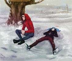 two people are playing in the snow near a tree