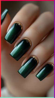 Dive into autumn with Forest Green nails accented by elegant gold details. This sophisticated combo adds a touch of luxury and style to your fall look. Click to explore more stunning fall nail ideas and follow us for daily nail inspiration!\n\n#FallNails #ForestGreen #GoldAccents #NailArt #AutumnStyle Green With Gold Tip Nails, Fall Nails Emerald Green, Gold Nails With Green Accent, Nail Art Green And Gold, Green Gold Nail Designs, Green Nail Inspo Square, Dark Green And Gold Nails Designs, Fall Nails Green And Gold, Green Nails With Gold Tips