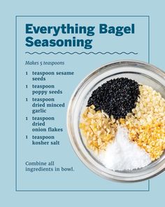 the ingredients for everything bagel seasoning in a glass bowl on a blue background