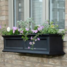 a window box filled with flowers on the side of a building