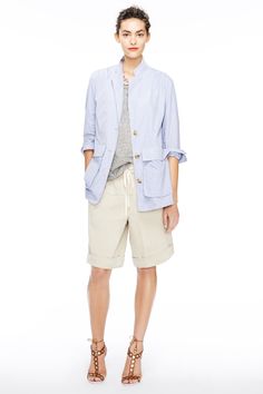 J.Crew women's spring/summer 2015 collection. J Crew Looks, 2015 Fashion Trends, J Crew Style, Spring Shorts, 2015 Trends, Knee Length Shorts, Herve Leger, Jcrew Women, Womens Long Sleeve Shirts