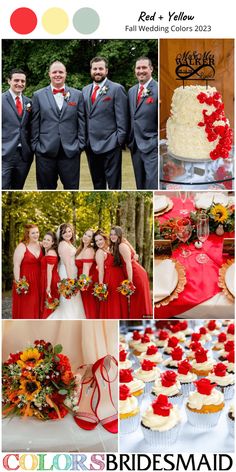 the wedding party is all dressed in red and yellow