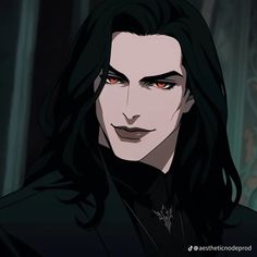 an evil man with long black hair and red eyes