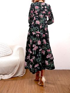 Long Sleeve Floral Print Maxi Dress, Long Sleeve Floral Dress For Casual Occasions, Long Sleeve Floral Printed Dress For Garden Party, Long Sleeve Printed Dress For Garden Party, Vintage Crew Neck, High Waist Dress, Sleeve Maxi Dress, Long Sleeve Maxi, Maxi Dress With Sleeves