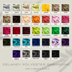 the colors of polyester gabardine are shown in different shades and sizes, including white