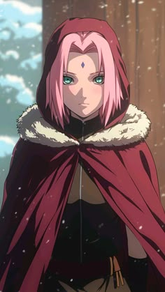 an anime character with pink hair and blue eyes wearing a red cape in the snow