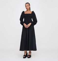 The Scarlett Long Sleeve Nap Dress - Black Textured Dot – Hill House Home Black Midi Dress With Elastic Sleeves For Fall, Hill House Home, Nap Dress, Maternity Pajamas, Baby Hair Accessories, Short Cardigan, Hill House, Black Textures, Long Sleeve Maxi