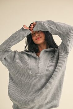 Soft and oversized sweater with half zip design sweater. Half Zip Sweaters, Pullover Designs, Half Zip Pullover, Zip Sweater, Sweater Making, Oversized Sweater, Half Zip, Grey Sweater, Pullover Sweaters