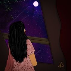 a girl looking out the window at the night sky