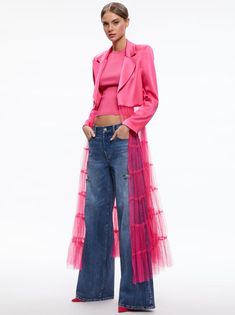 Everly Tulle Blazer In Candy | Alice And Olivia Tulle Blazer, Blazer Pink, Look Jean, Tulle Sleeves, Satin Tulle, Calf Length Dress, Patchwork Designs, Jacket Design, Chic Woman