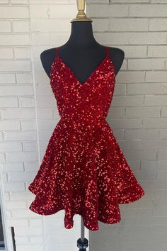 Straps Red Sequin V Neck A-line Short Homecoming Dress Red Hoco Dress Short, Sparkly Red Dress, Red Hoco Dresses, Red Glitter Dress, Red Hoco Dress, Red Sparkly Dress, Glitter Dress Short, Chic Prom Dresses, Short Red Prom Dresses