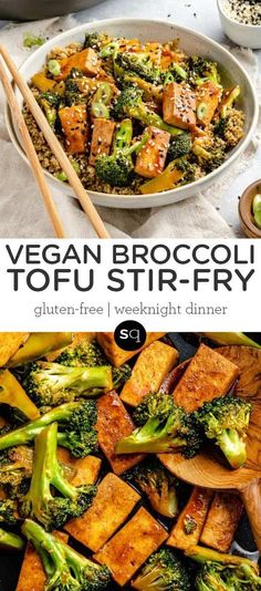 vegan broccoli tofu stir fry in a pan with chopsticks