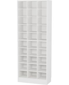 a white bookcase with lots of shelves on the bottom and bottom shelf, in front of a white background