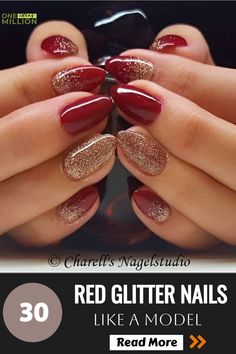 Gold glitter and red nails for a delightful and glamorous holiday look. Christmas Nail Designs Red And Gold, Red Nails Gold Accent, Gold And Red Christmas Nails, Red Nails With Gold Design, Red Green Gold Nails, Gold And Red Nails Acrylic, Red And Gold Nails Acrylic, Red And Gold Nails Ideas, Red Festive Nails