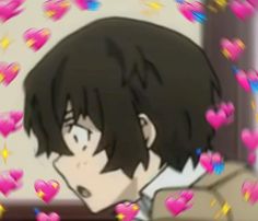 an anime character with black hair and pink hearts around his neck, looking at the camera