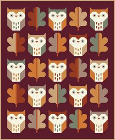 an image of owls and leaves on a maroon background