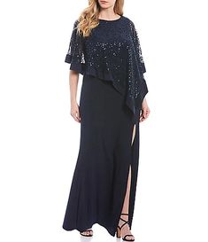 Long Plus Size Mother of the Bride Dresses & Gowns | Dillard's Elegant Embellished Maxi Dress With Cape Sleeves, Navy Blue Dress Outfit Wedding, Lace Poncho, Plus Size Sequin, Hairpin Lace, Dresses Classy, Dress Attire, Bride Groom Dress, Spandex Dress