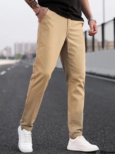 Russoo - Mens Casual Tapered Trousers: Solid Long Cropped Pants, Ideal for Streetwear Casual Slim Fit Beige Pants, Non-stretch Yellow Cotton Pants, Casual Full-length Yellow Bottoms, Streetwear For Men, Plus Size Cargo Pants, Mens Loungewear, Novelty Clothing, Plus Size Hoodies, Tapered Trousers