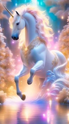 a white unicorn standing on its hind legs in front of trees and water with stars