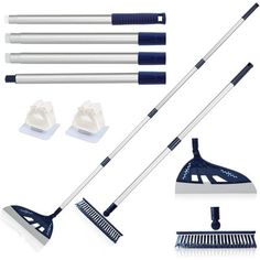 four different types of brooms and mop heads