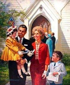 a painting of a family standing in front of a church with the child holding his father's hand