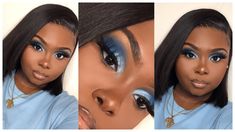 Natural Makeup With Blue Eyeshadow, 2000 Blue Eyeshadow, Makeup Looks For Denim Outfit, Blue Eye Looks Eyeshadows, Blue Under Eye Makeup Black Women, Royal Blue Eyeshadow Looks Black Women, Make Up Looks For Light Blue Dress, Blue Eyeshowdow Looks, Simple Navy Blue Eyeshadow Looks