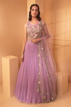 Shop for Miku Kumar Purple Net Floral Embroidered Choli Skirt Set for Women Online at Aza Fashions Lavender Anarkali Dress For Reception, Lavender Zari Work Dress For Reception, Bollywood Style Lavender Georgette Lehenga, Lavender Anarkali Dress With Intricate Embroidery, Lavender Dupatta Dress For Reception, Reception Lavender Dress With Dupatta, Lavender Reception Dress With Dupatta, Lavender Festive Dress For Reception, Festive Lavender Dress For Reception