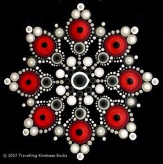 a red and white snowflake is shown on a black surface with circles around it