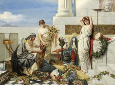 a painting of three women dressed in ancient greek dress, one holding flowers and the other sitting on a checkered floor