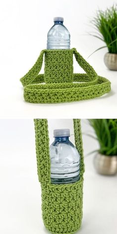 there is a green crocheted bag with a water bottle in the bottom and on top