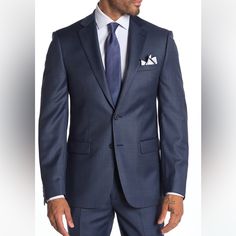 Blue, 100% Wool, Natural Stretch Suit Jacket. It Sports A Two-Button Closure, Three Interior Pockets And Sophisticated Notch Lapel. Fully Lined. Please Note The Color Most Closely Resembles The Dark Blue In The First/Cover Photo. Measurements Shoulder-To-Shoulder 18” Length 31” Blue Suits With Pockets, Blue Suit With Button Closure And Flat Front, Blue Business Suit With Flat Front, Professional Blue Sport Coat For Business, Blue Professional Sport Coat For Business, Black Velvet Suit, Velvet Suit Jacket, Black Sport Coat, Blue Sport Coat