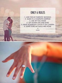 a couple holding each other on the beach with text overlay that reads, only 6 rules 1 ask for my parents blessing 2 make it a complete surprise 3 get down on one