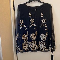 Brand New Never Used Embroidered Brand New Never Used Soft Lace Black Tops Alfani Woman’s Top. Evening Tops. Lace Long Sleeves. Nice Attire By On Any Occasions Chic Embroidered Festive Tops, Elegant Black Tops With Embroidered Sleeves, Elegant Black Long Sleeve Embroidered Top, Elegant Long Sleeve Black Embroidered Top, Elegant Fall Embroidered Top With Embroidered Sleeves, Elegant Floral Embroidered Top For Fall, Elegant Black Embroidered Tops, Elegant Black Tops With Floral Embroidery, Elegant Long Sleeve Blouse With Gold Embroidery