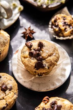 several chocolate chip muffins sitting on top of each other