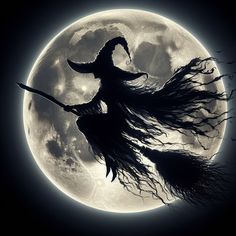 a witch flying in front of the full moon with her long hair blowing in the wind