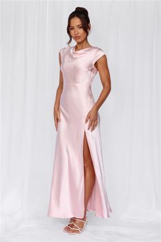 Length from shoulder to hem of size S: 143cm.  Chest: 39cm, Waist: 34cm, across front only of size S.  Maxi dress.  Lined.  Model is a standard XS and is wearing size XS.  True to size.  Non-stretch.  Luxurious satin.  High cowl neckline.  Cap sleeve.  Tie to back.  Twist back with cutout.  Split to skirt.  Straight, flowy silhouette.  Zipper with hook eye closure.  Cold hand wash only.  Polyester.   This material is very delicate. Please handle with care.    Please Note: This product is a Hello Molly Exclusive.    Step into a world of enchantment with Hello Molly's newest bridesmaid collection, Wedding Parlour.  Introducing a captivating style, designed with a high cowl neckline and delicate cap sleeves, evoking timeless elegance and femininity. The tie-back feature adds a charming touch, Pink Maxi Dress With Sleeves, Pink Bridal Party, Light Pink Bridesmaid Dresses, Candy Dress, Skirt Straight, Pink Satin Dress, Vestidos Color Rosa, Pink Silk Dress, Bridal Shower Outfit