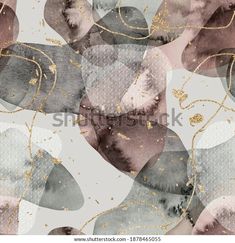 an abstract watercolor painting with gold and grey leaves