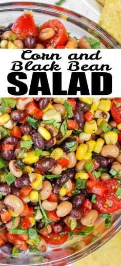 corn and black bean salad in a glass bowl