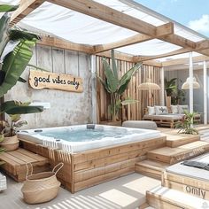 an outdoor hot tub in the middle of a patio with plants and potted plants