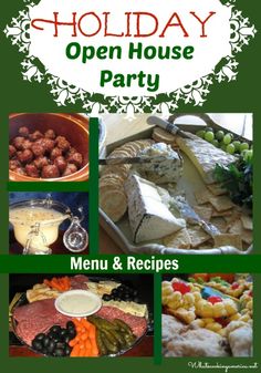 a holiday open house party menu with pictures of food and desserts on the table