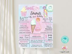 an ice cream birthday poster on a easel