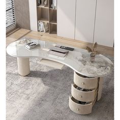 an office desk with a marble top and curved legs, in front of a bookshelf