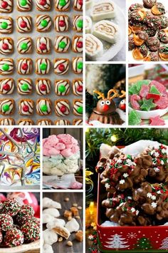 a collage of christmas treats including cookies, pretzels, candy and more