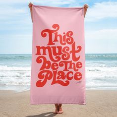 pink red hand-drawn lettering this must be the place the talking heads beach towel pool park summer lindsey kay collective Beach Towel Aesthetic, Cute Beach Towels, Pink Closet, Trendy Party Outfits, Custom Beach Towel, Midwife Gift, Beach Towel Gift, California Summer, Towel Wrap