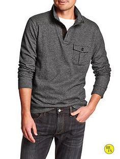 Factory Pocket Mock-Neck Pullover Casual Tops With Stand Collar For Work, Casual Henley With Buttons For Work, Casual Half-zip Workwear Tops, Half-zip Ribbed Collar Top For Work, Casual Gray Henley For Fall, Blue Steel, Chest Pocket, Mock Neck, Banana Republic