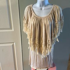 Elan Usa Off Shoulder Fringe Boho Dress Size Large Color Beige 100% Rayon New With Tag Short Sleeve Dress With Lace Trim For Beach, Bohemian Short Sleeve Mini Dress For Daywear, Short Sleeve Bohemian Mini Dress For Daywear, Bohemian Short Sleeve Viscose Blouse, Bohemian Mini Dress With Lace Trim For Beach Cover-up, Bohemian Mini Dress With Lace Trim For Beach, Bohemian Mini Length Fringe Dresses, Bohemian Mini Dress With Fringe, Bohemian Fringe Mini Dress