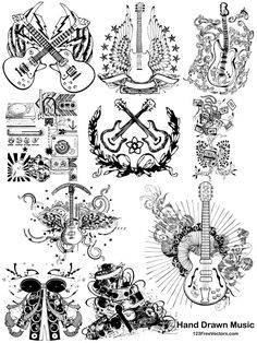 an illustration of various guitars and music instruments in black and white, with the words hand drawn