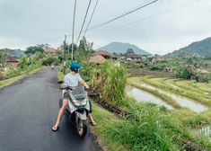 a person riding a motorcycle down a road next to lush green fields and rice fields