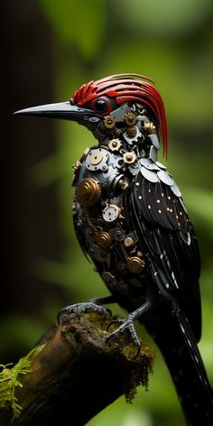 a black bird with red feathers sitting on top of a tree branch covered in gears